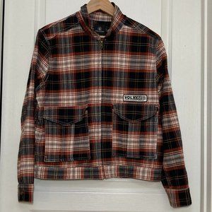 Volcom | Red / Brown Plaid Zip-Up Long Sleeve Shirt / Light Jacket | Large.